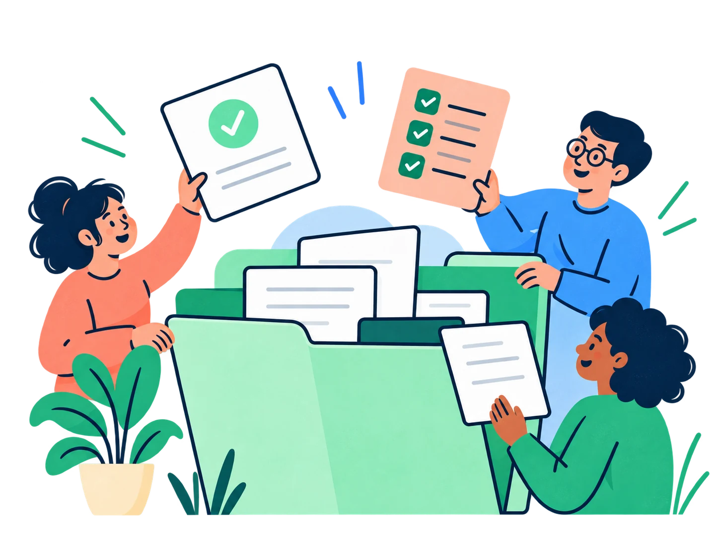 Three teammates bringing their documents together in one shared folder.
